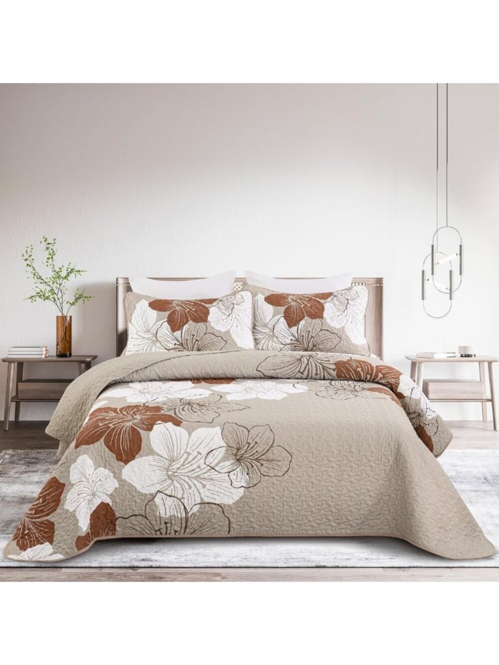 Cozy Taupe Floral King Size Quilt Set - 3-Piece Bedspread Coverlet for Fall